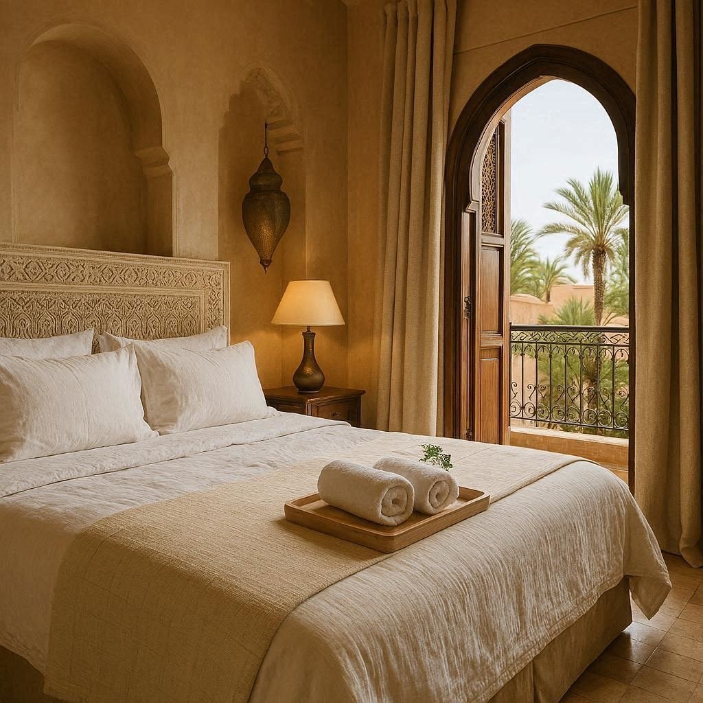 Chambre de villa marocaine prête à l'arrivée — service conciergerie premium